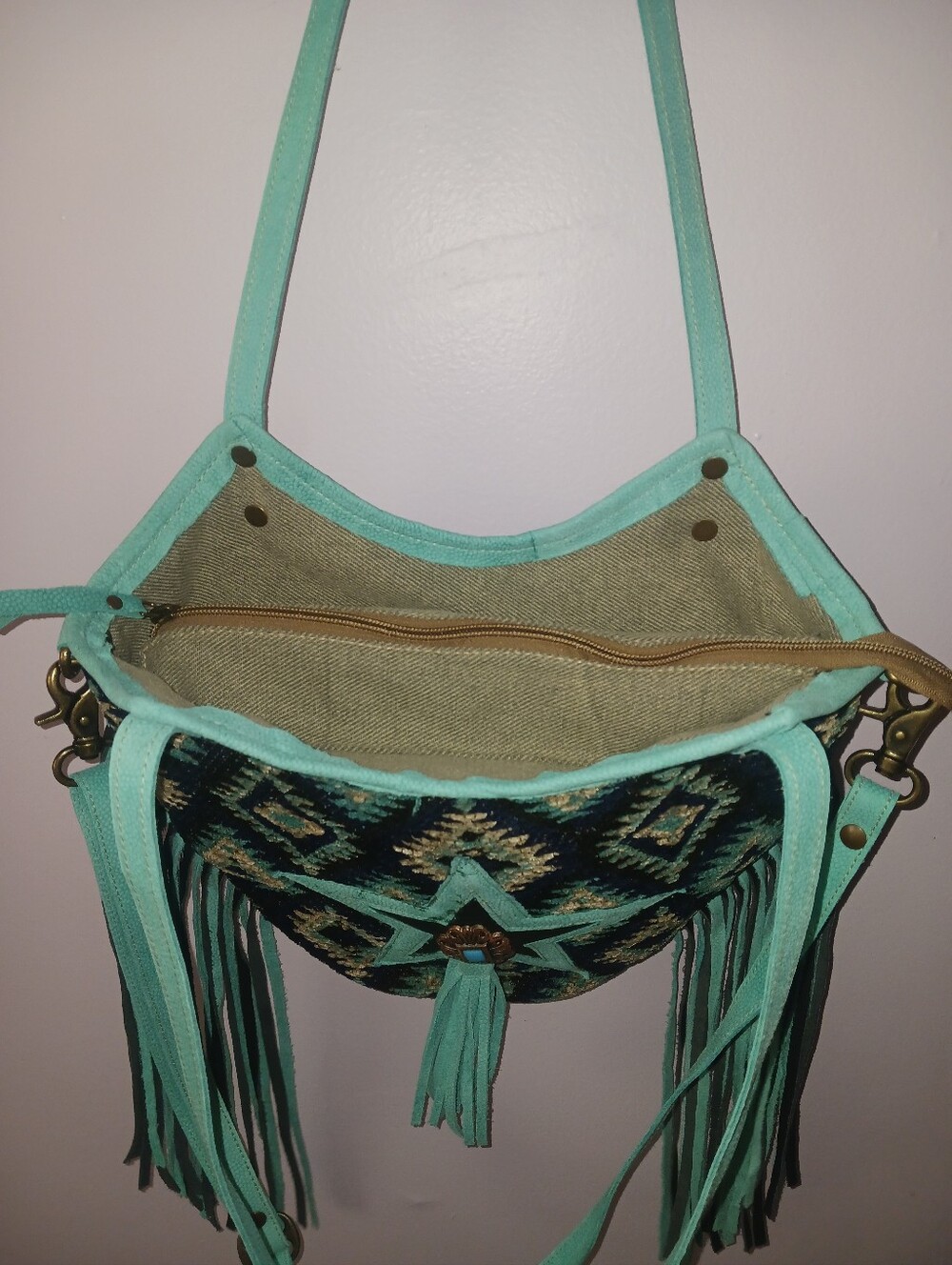 Ohlay by American Darling Turquoise Crossbody Bag with Upcycled Aztec Canvas - Picture 4 of 6